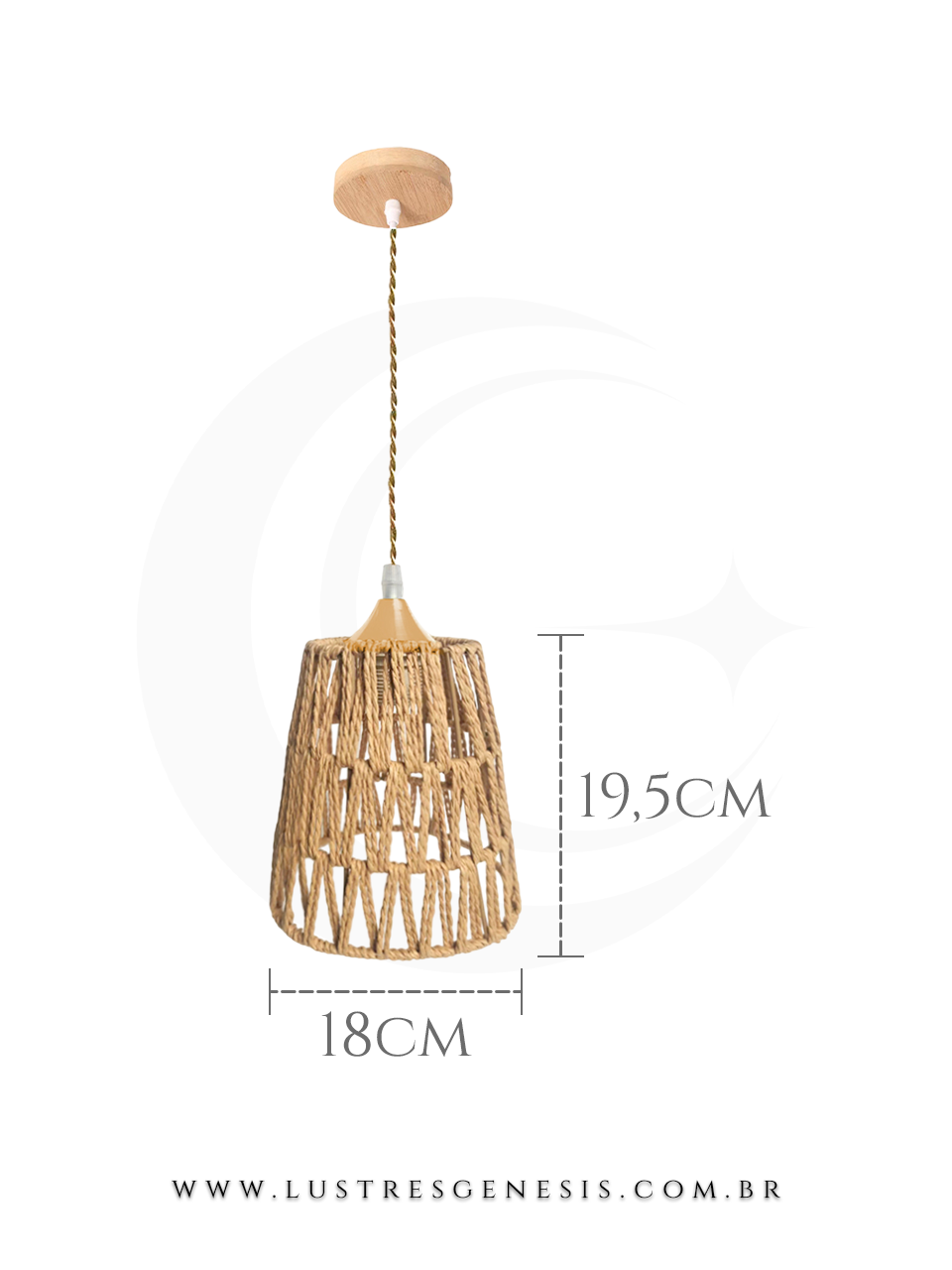 Pendente de teto rústico de sisal Biak, com cúpula trançada e medidas de 18 cm de diâmetro por 19,5 cm de altura, ideal para mesas, balcão de cozinha e área gourmet.